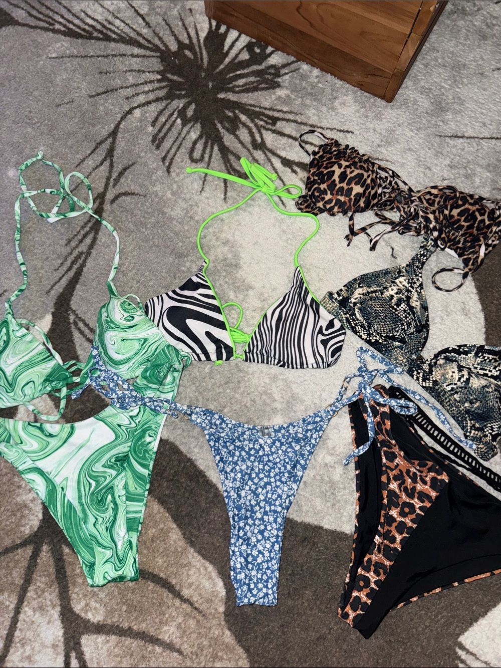 7 Pieces - Green Blue Snake Cheetah Marble Print Triangle Bikini Top -Women Swim